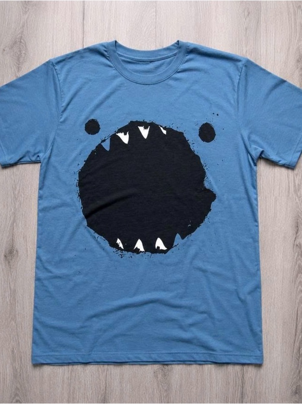Blue Short Sleeve Tee with Black Shark-Mouth Graphic